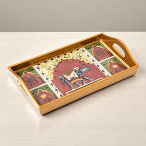 Peruvian Hand Painted Glass Tray with Elephant Design – Rectangular Tray with Handles – Unique Gift for Mom, Housewarming – Ships from USA