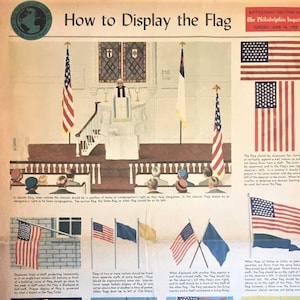 May include: Vintage newspaper page titled "How to Display the Flag" with illustrations and text. The page features images of the American flag displayed in various settings, including a church and a speaker's platform. The newspaper is dated June 14, 1953.