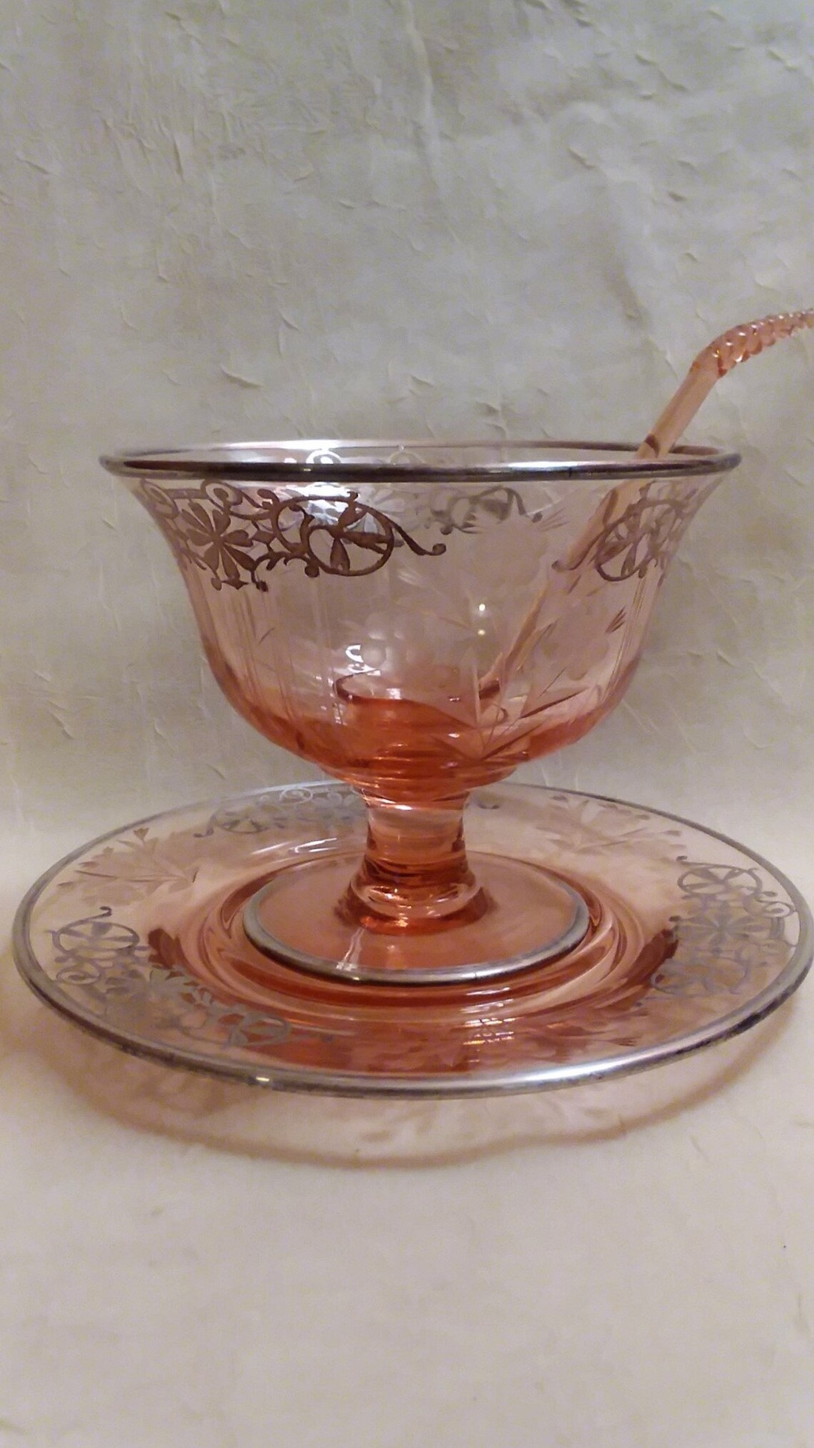 Vintage Pink Etched Glass Compote Dish w/Sterling Overlay / | Etsy