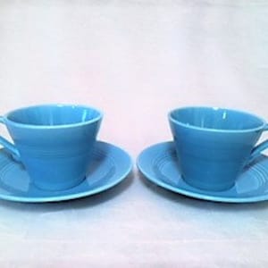 Homer Laughlin Harlequin Cup & Saucers Set two (2) in Turquoise Mid Century Modern