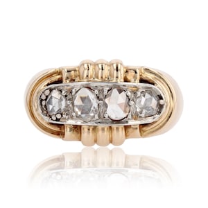 French 1940s Rose- Cut Diamonds 18 Karat Yellow Gold Tank Ring