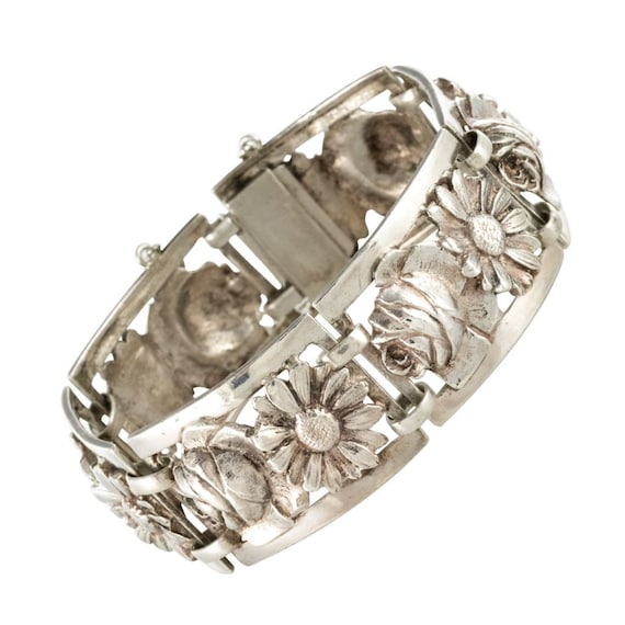 French 1900s Belle Époque Flowers Silver Bracelet - image 1