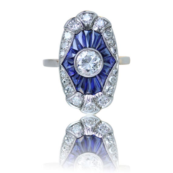 French 1930s Art Deco Calibrated Sapphires Diamonds Platinum Ring