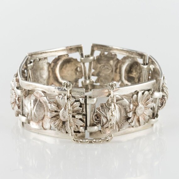 French 1900s Belle Époque Flowers Silver Bracelet - image 5