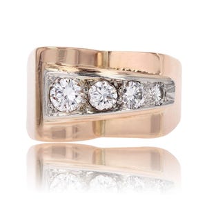 French 1940s Asymmetrical Diamond 18 Karat Rose Gold Tank Ring