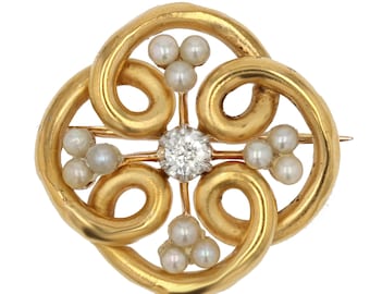 French Art Nouveau Natural Pearls Diamonds 18 Karat Yellow Gold Brooch
