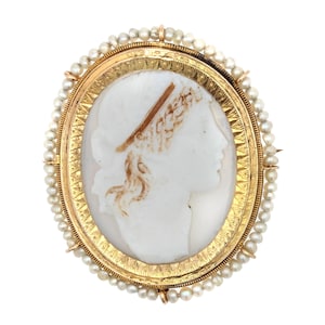 19th Century Natural Pearl Cameo Yellow Gold Brooch