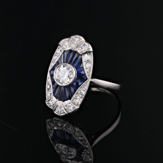 French 1930s Art Deco Calibrated Sapphires Diamonds Platinum Ring View 6