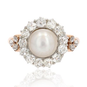 French 19th Century Certified Fine Pearl Diamonds 18 Karat Rose Gold Daisy Ring
