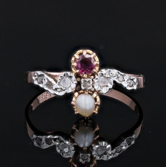French 19th Century Garnet Fine Pearl Diamonds 18… - image 4