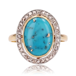 20th Century Turquoise Diamonds 18 Karat Yellow Gold Platinum Oval Ring