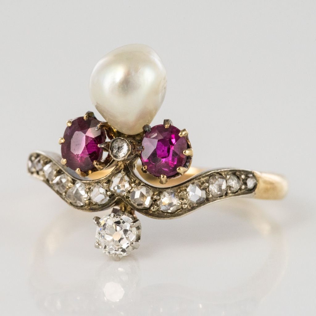 BAGUE En OR 18 Carats Avec RUBIS Et PERLE - Taille 55, 2.43g, Occasion Très Bon état