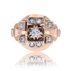 French 1950s Colorness Stone 18 Karat Rose Gold Tank Ring