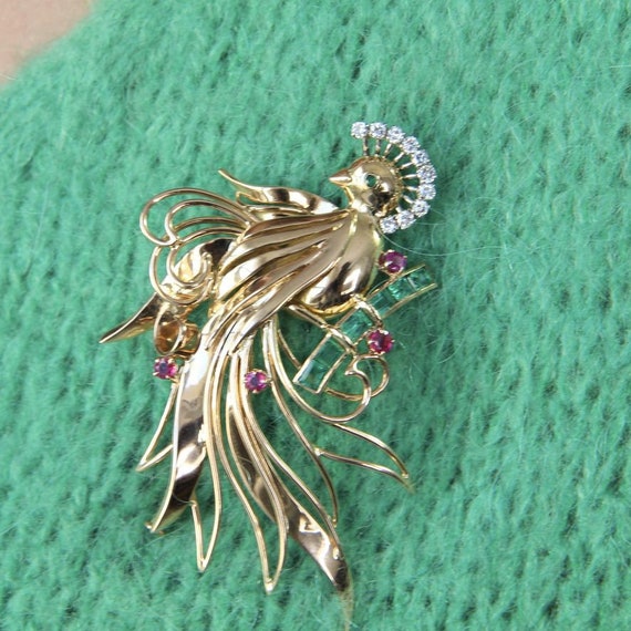 Broche Oiseau En Or 18 Carats - Émail, Diamants Et Saphir, 20.50g, Bijou Ancien