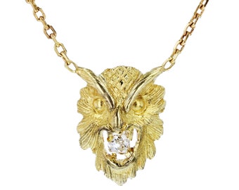 French 19th Century Diamond 18 Karat Yellow Gold Owl Pendant