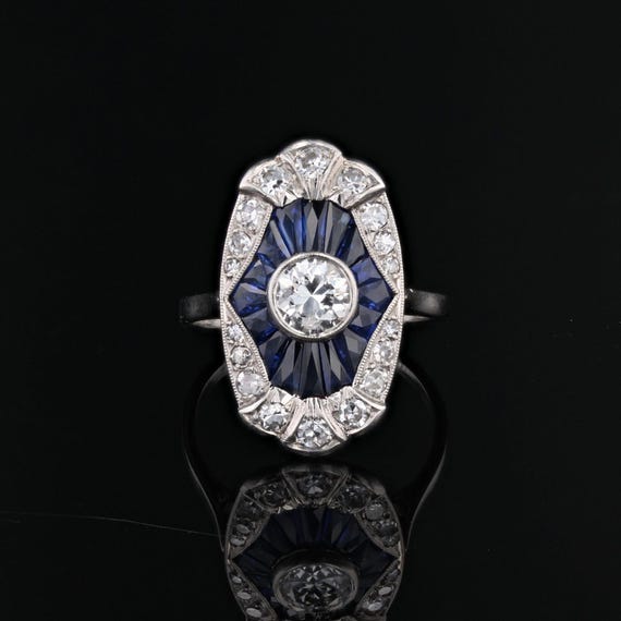 French 1930s Art Deco Calibrated Sapphires Diamonds Platinum Ring View 5
