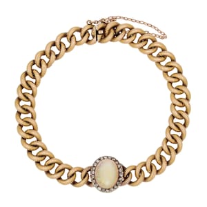 French 20th Century Opal Diamond 18 Karat yellow Gold Antique Curb Bracelet