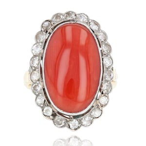 20th Century Mediterranean Coral Diamond 18 Karat Yellow Gold Ring