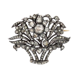 French 19th Century Diamonds 18 Karat Rose Gold Silver Bouquet Brooch