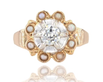 1960s Diamond Surrounded by Cultured Pearls 18 Karat Rose Gold Ring