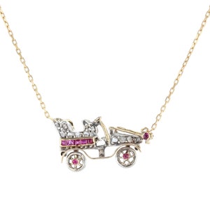 French 20th Century Ruby Diamonds 18 Karat Yellow Gold Platinum Car Necklace