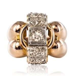1940s Retro Diamond 18 Karat Rose Gold Platinum Large Gadroons Tank Ring