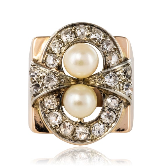 Bague Antique En Argent 900 - 1,40 Ct émeraude Naturelle & Perles De Culture - Taille 56