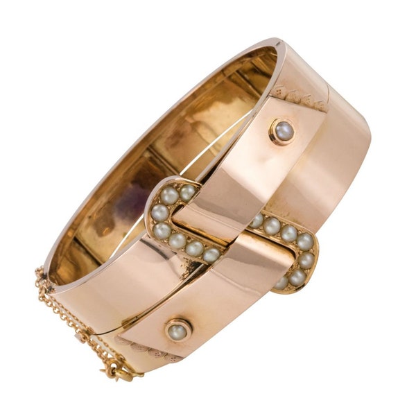 French Napoleon III Natural Pearl and Rose Gold Belt Bangle Bracelet