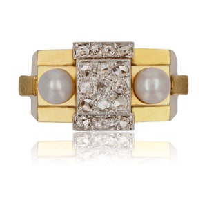 French 1940s Natural Pearl Diamonds 18 Karat Yellow Gold Tank Ring
