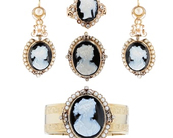 French 19th Century Natural Pearls Diamonds Onyx Cameo Set