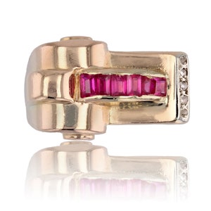 1940s Synthetic Rubies Diamonds 18 Karat Rose Gold Asymmetrical Tank Ring