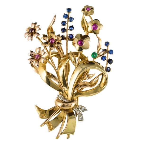 1950s Van Cleef & Arpels Style Gold Bouquet Precious Stones Brooch