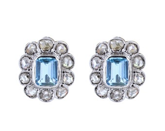 1930s Aquamarine Diamonds 18 Karat White Gold Daisy Stud Earrings