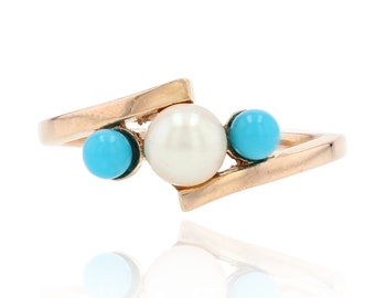 French 1950s Turquoise Cultured Pearls 18 Karat Rose Gold Ring