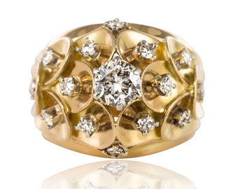 1950s Retro Diamond 18 Karat Yellow Gold Scale Dome Ring