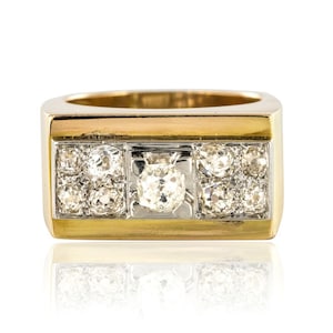 French 1940s Retro Diamond Platinum Gold Geometric Tank Ring