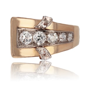 French 1940s Diamonds 18 Karat Rose Gold Asymetrical Tank Ring