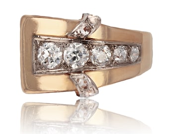 French 1940s Diamonds 18 Karat Rose Gold Asymetrical Tank Ring