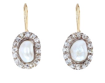 French 19th Century Natural Pearls Diamonds 18 Karat Rose Gold Drop Earrings