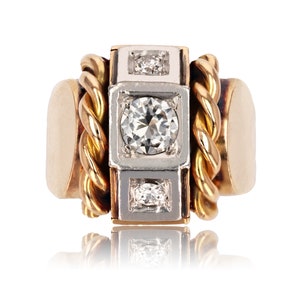 French 1940s Diamonds 18 Karat Yellow Gold Platinum Signet Tank Ring