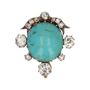 19th Century Turquoise Diamonds 18 Karat Yellow Gold Silver Clip Brooch