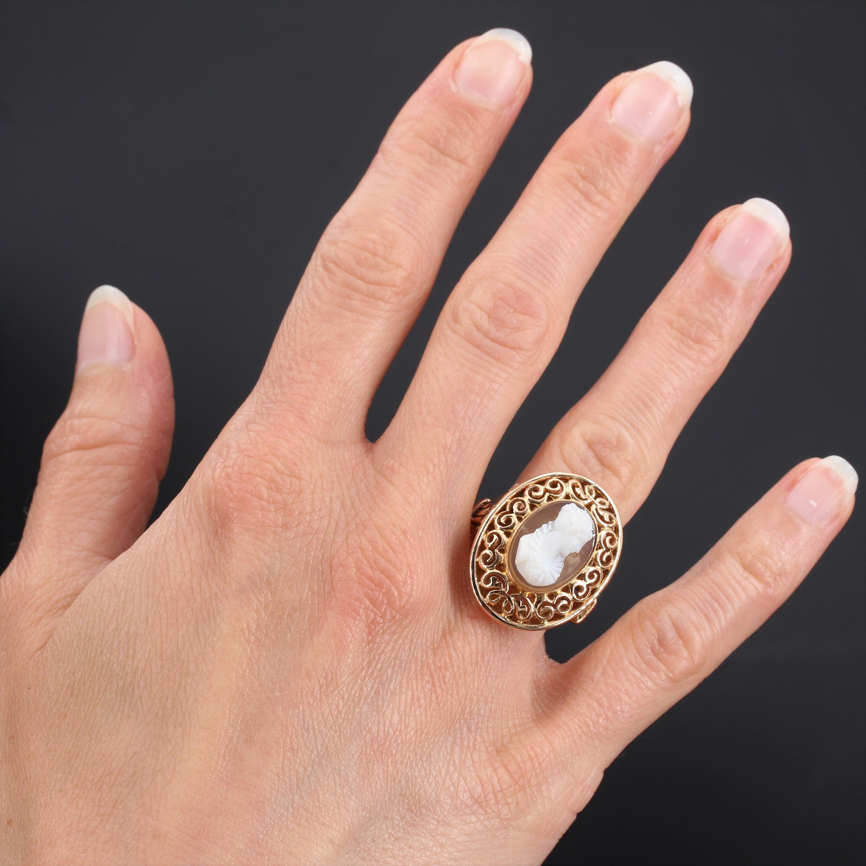 Bague Antique Or Rose 18k Avec Camée En Agate - Taille 49, Style Camée Coquille - Occasion