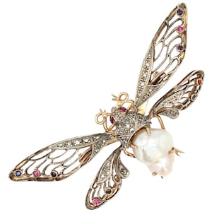 1950s Baroque Pearl Sapphires Rubies Yellow Gold Butterfly Articulated Brooch