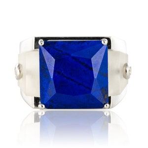 Lapislazuli-Bergkristall-Diamanten-Ring, 18 Karat Weißgold, Tank Art Deco