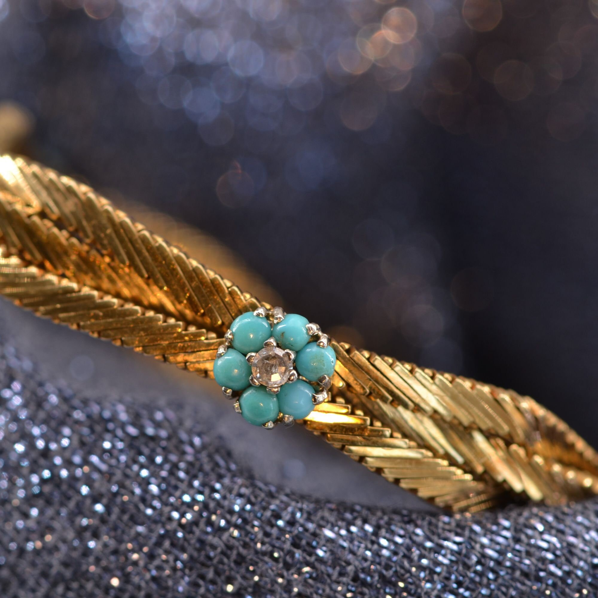 1950s Turquoise Diamond Flowers 18 Karat Yellow Gold