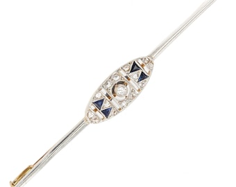 French 1925s Sapphire Diamonds 18 Karat Yellow White Gold Barrette Brooch