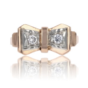 French 1950s Diamonds 18 Karat Rose Gold Knot Tank Ring