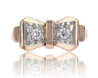French 1950s Diamonds 18 Karat Rose Gold Knot Tank Ring