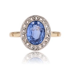 French, 1900s, Sapphire Diamond 18 Karat Yellow Gold Engagement Cluster Ring