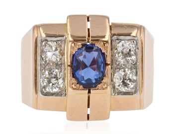 French 1940s Sapphire Diamonds 18 Karat Rose Gold Tank Ring